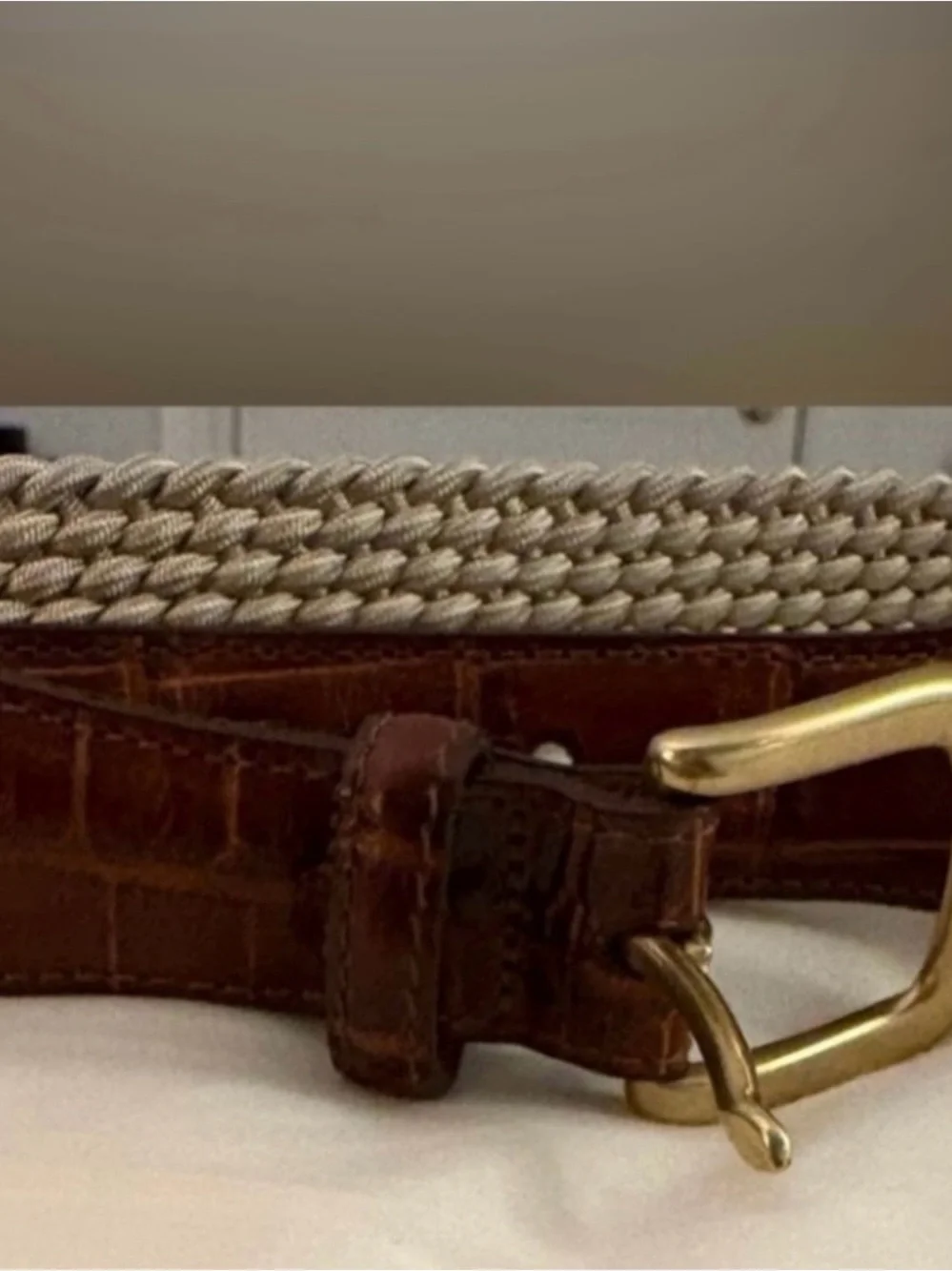 Brighton Men's Buckle Belt in beige with brown Croc Trim Brass  (New)